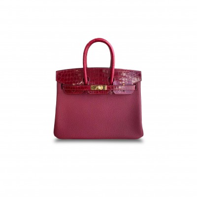 HERMÈS MASTER BIRKIN 25 CROCODILE AND TOGO LEATHER RED BAG GOLD BUCKLE H076216CK54 (25*20*13cm)